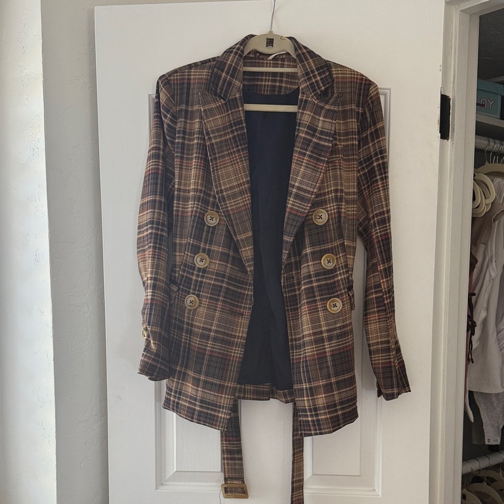 Free People Brown Plaid Double-Breasted Blazer